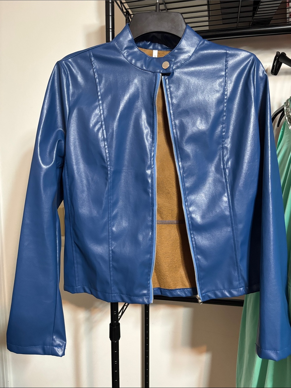 Women's Blue Faux Leather Moto Jacket